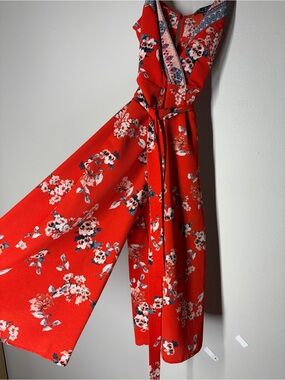 Trixxi Red Floral Wrap Jumpsuit with Self-Tie Waist